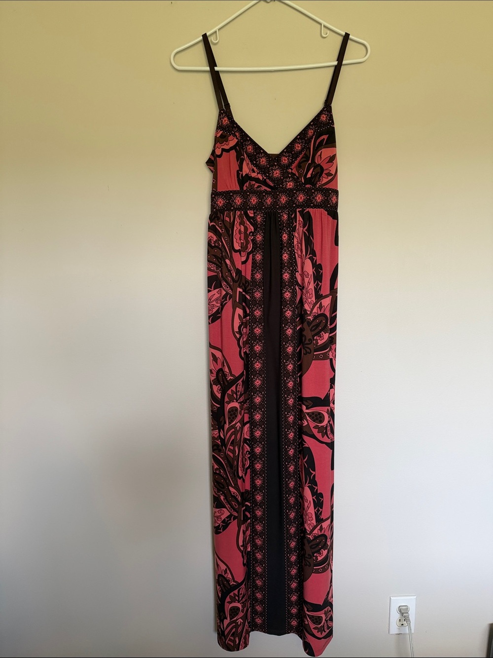 Beautiful Coral, Brown & Black Printed Maxi Dress - Medium